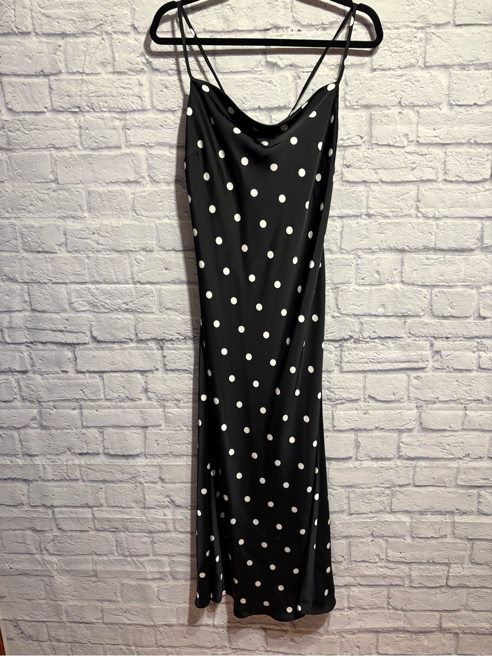 Black Polka Dot Satin Cowl Neck Slip Dress Size 8